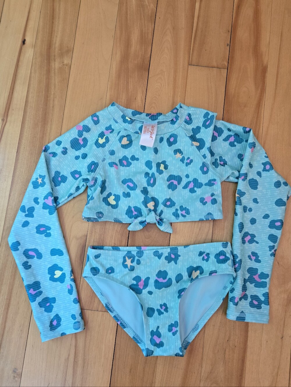 Cat & Jack- Girls Size 6/7 Green Cheetah Print Long Sleeve, 2 Piece Bathing Suit